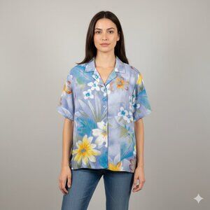 JAMS WORLD "Moon Daisy" Short Sleeve Blouse Tropical Blue Multi Women Size XL